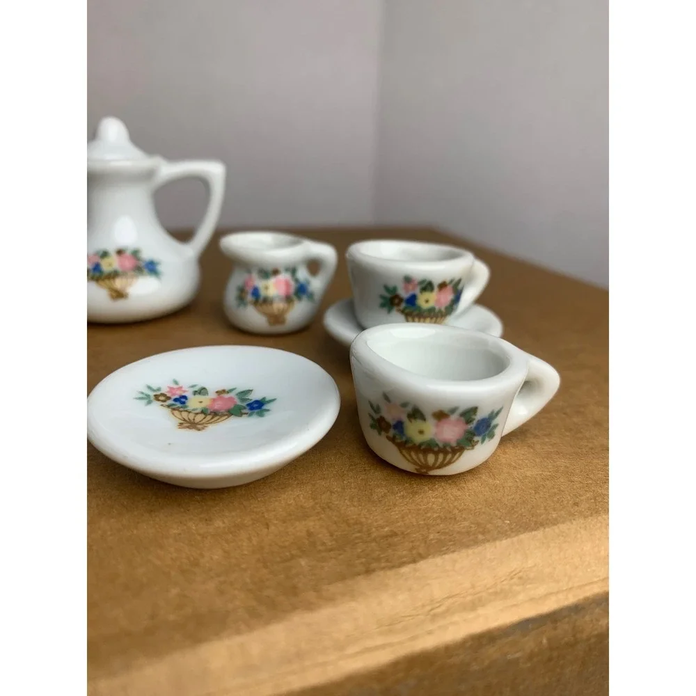 Vintage Cottage Floral Porcelain Miniature Tea Set 13pc. White Ceramic Dollhouse